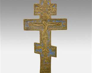 Antique 19thC Russian Orthodox Enamel and Brass Crucifixion Cross Metal Icon
