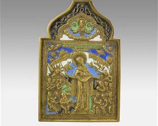Antique 19thC Russian Orthodox Brass Five-Color Enamel Metal Icon Plaquette
