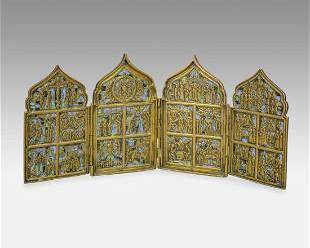 Antique 19thC Russian Orthodox Enameled Brass Four-Panel Folding Traveling Icon

