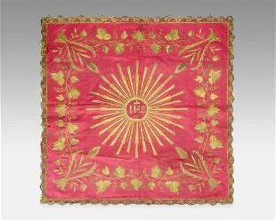 Antique 19thC French Chalice Veil Embroidered Metallic Gold on Silk Religious Textile
