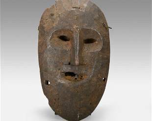 Antique Archaic Carved Wood and Metal Tribal Dance Mask from Napal
