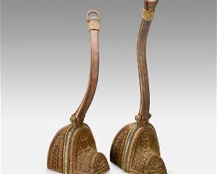 Pair Antique 19thC Colonial Chilean Carved Wood, Iron and Leather Huasos Stirrups

