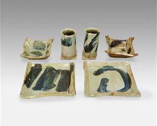 Post-War 20thC Japanese Studio Art Pottery Stoneware Slab Built Set
