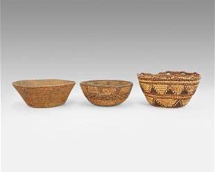 Three Native American Indian Tribal Basket Bowls Salish Pima

