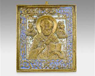 Antique 19thC Russian Orthodox Enameled Brass Icon Plaquette St Nicolas
