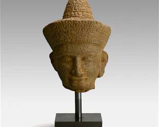 Antique 11thC Khmer Carved Sandstone Head of a Deity, Angkor Wat Period
