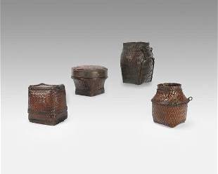 Four Mid 20thC Philippine Tribal Ifugao Woven Rice Storage Container Baskets
