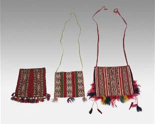 Three Antique Peruvian Nazca Textile Coca Bags
