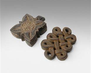 Antique 19thC Tibetan Carved Wood Paint Box and Carved Wood Knot
