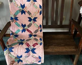 Oak rocker settee
Vintage early pattern quilt 