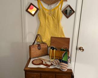 Vintage yellow bathing suit 
Straw hat 
Wicker purse 