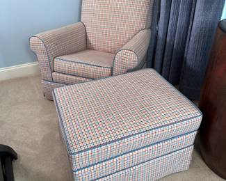 Blue, red and yellow plaid armchair (34"H x 34"W x 30"D) with ottoman, both rock, chair needs a patch repair and a small upholstery repair on one corner, minor small stains (hard to see) 