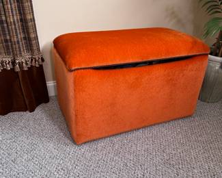 Southeastern Kids tiger orange padded storage chest with hinged lid, very good condition 22"H x 36"W x 22"D
