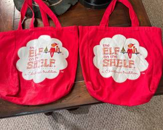 Pair of Elf on the Shelf tote bags, mild wear 12"H