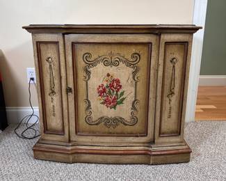 Stereo cabinet with country French finish, Maganavox AM/FM tuner with 8-track player (both working well), pull-out drawer for turntable (not working) Solid wood cabinet 27"H x 34"W x 17"D