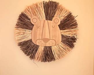 Wooden and straw lion face and mane wall decoration 20"W