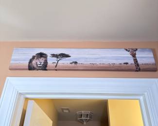 African safari themed rectangular print on canvas with lion and reticulated giraffe 34"W x 6"H