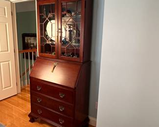 Cherry drop front secretary with 3-drawers and bookcase top, 2 pieces, 76"H x 36"W x 18"D