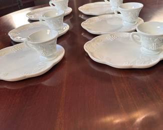 Set of 6 milk glass grapes pattern luncheon plates with cups