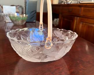 Oval frosted glass basket with fruit pattern 11"W