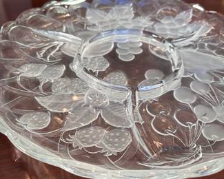 Frosted clear glass divided platter with fruit pattern 14"W