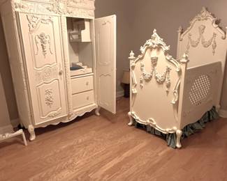 Villa Bella Angelina Petite Paris armoire with changer and Beloved Crib with hand-appliqued roses, intricate scrollwork, gold-leaf and ivory glazing
