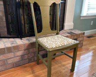 Vintage distressed olive green chair with floral upholstered seat 36"H