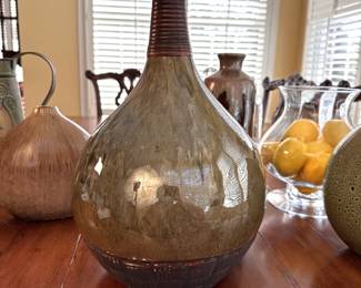 Glazed pottery bottle vase with basket-weave base 15"H x 9"W