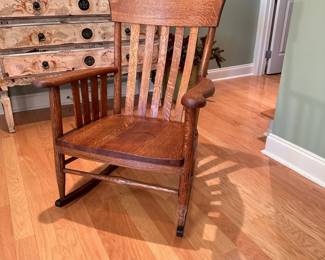 Slat back rocker, has need for repair on left front post (now taped) otherwise in good condition 36"H x 25"W
