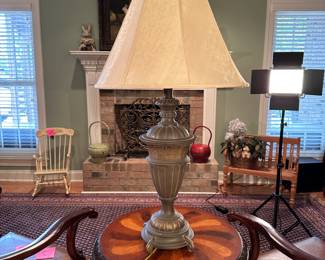 Metal table lamp with acanthus leaf design, lined shade 35"H 18"W