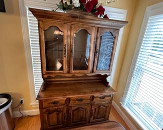 China hutch with glass shelves, 3 drawers and 3 lower cabinets, 2 pieces, mild wear and a few scratches on feet 6ft 4in H x 4ft 2in W x 20in D