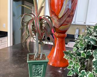 Faux red palm arrangement in glazed pottery planter 18"H