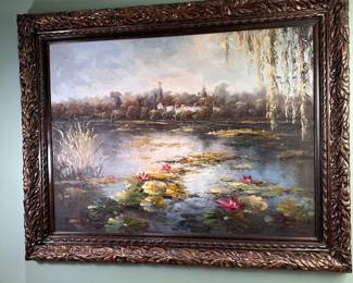 Large landscape oil painting of a small wooded village on pond lined with blooming lilly pads, ornate resin frame, 3ft 10in H x 4ft 10in W