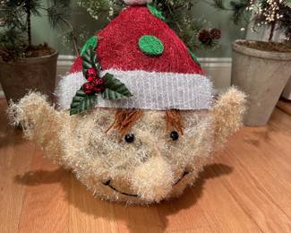 Wired tinsel elf head decoration 15"H