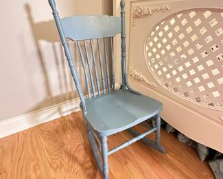 Beautiful sky blue vintage painted rocker, mild wear to finish 40"H x 18"W