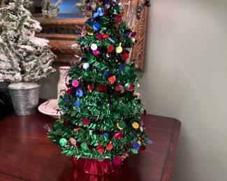 Spiral plastic framed tinsel desktop tree 15"H