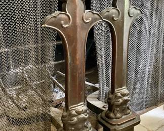 Early 1800's French Bronze Andirons, shows the open mouths of Foo Dogs at the base facing upward, with the rising column forming the French Fleur de Lis at the top! Absolutely fabulous !