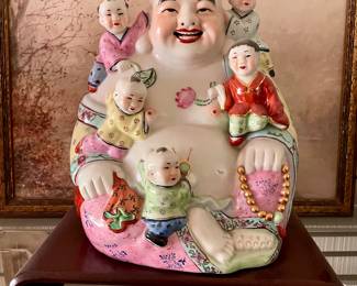 Vintage Famille Rose Porcelain Fertility Buddha with Climbing Children, Good Luck