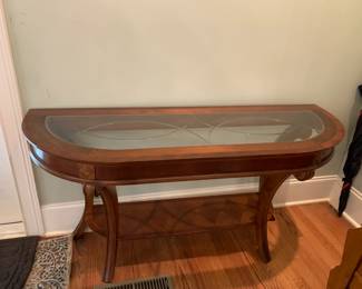 #30 Wood Half Round Beveled Glass Top Entry Table w/shelf - 52x18x27 $200.00