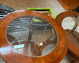 #19	Round Wood End Table w/glass etched top - 28x24 w/wood shelf	 $75.00 			
