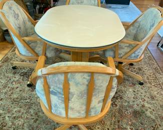 #45 Whitaker Furn. Co Wood Table w/Corian Top w/Leaf stored inside w/4 Rolling Chairs - 54x36-54x29 $175.00