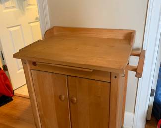 #89 Wood Rolling Cart w/2 doors & Pull-out Tray & Side Towel Rack w/side Knife Holder 31x20x37 (as is scuff Mark on Top) $125.00