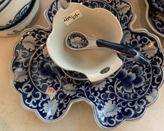 #105 Blue & White Dessert Bowl w/Lid used as a spoon rest w/swan Spoon and scalloped Plate $24.00