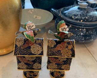 #111 Set of 2 Cloisonne Bird Houses w/Birds on Top - 4" Tall - sold as a set $20.00