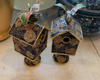#111 Set of 2 Cloisonne Bird Houses w/Birds on Top - 4" Tall - sold as a set $20.00