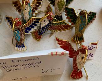 #113 6 enameled Hummingbird ornaments $60.00