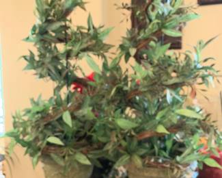 #118 Pair of Plants in Green Decorative Plastic Pots - 29"Tall w/cast iron post in middle - sold as a set of 2 $30.00