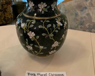 #123 Black Floral Cloisonne Brass/Enamel Urn - 9" Tall $175.00