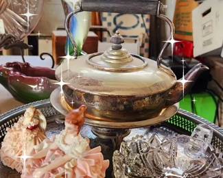 DRESDEN FIGURES, ANTIQUE SILVER PLATE TEA POT, AMERICAN BRILLIANT CUT GLASS