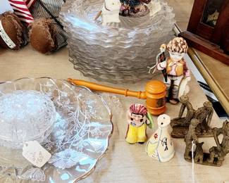 Fostoria American Dinner Plates, Cambrige Glass Silver overlay , Vintage Salt and Pepper Shakers, 